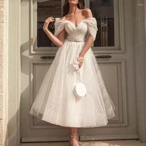 Partykleider Bling Glittter Boho Hochzeit für Frauen 2022 Sweetheaart Tüll Point Net Beach Kurzes Brautkleid Civil