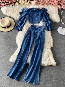 Women's Two Piece Pants DEAT Suit One Shoulder Denim Cake Sleeve Short Slim Top Net Red Fried Street Micro Horn Set Autumn 11Q137 221130