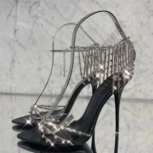 Wholesale Dress Shoes metal chain crystal Rhinestone Sandals Designer 10.5cm pointed toes high heel pump heel Slingbacks Buckle Strap womens Shoe 35-42 with box