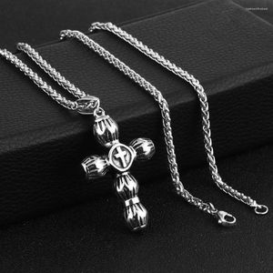 Pendant Necklaces Charming Silver Color Link Chain Prayer Jewelry Stainless Steel Byzantine Crucifix Cross Men Necklace Jesus Gift MN87