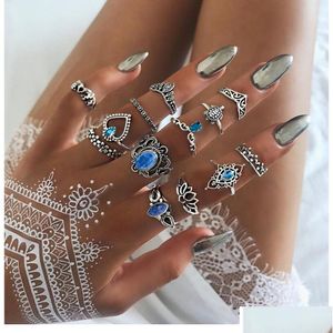 Bandringar Fashion Jewelry Ancient Sier Knuckle Ring Set Crown Heart Elephant Turtle Stacking Rings Midi 13pcs/Set Drop Delivery Dh71q