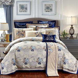 Conjuntos de cama 4 6 10pcs azul jacquard luxuoso conjunto rei queen size us rei 104x90in algodão lençol plano spread spread cover brophases 221129