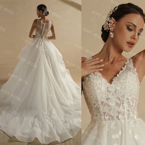 Abito da sposa con scollo a V con volant 2022 Senza maniche Sweep Train Corpetto in pizzo Una linea Abito da sposa vintage Robe De Mariess Nuovo