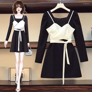 Casual Dresses 2022 Autumn Korean Version Plus Size Two-Piece Dress Square Collar Long Sleeve French Style Thin Strap Suit