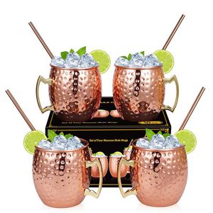 Hammerad kopparpl￤terad Moskva Mule Mug 304 Rostfritt st￥l Beer Coffee Cocktail Cup Copper Mugs Rose Gold Drum Style Drinkware 18oz