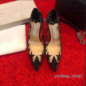 2022 جديد شفاف PVC High High Heel Ashion Ashion Pointy Tips with Black Diamond Crystal Shoes Sexy Five Star Drill Pumps Women Brand Shoe 0215