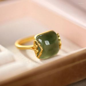 Br￶llopsringar Vintage 14K Gold Plated Green Jade Auspicious Cloud Women's Ring Original Design Simple Gemstone Open Gift