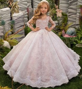 Wedding Girl Dress Luxurious Sparkly Lace Appqulies Blush Pink Gowns Long Sleeve Flower Kid Ball Gown Juior Bridesmaid