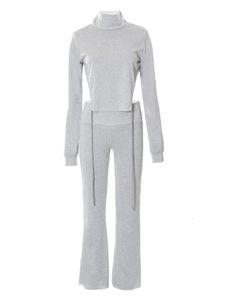 Zweiteilige Damen-Hosen-Outfits, langärmliges, hochgeschlossenes, rückenfreies, kurzes Sweatshirt mit Kordelzug und ausgestelltes Trainingsanzug-Set 221130