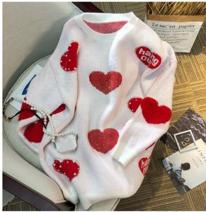Women's o-neck beading rhinestone patched cute love heart knitted loose sweater medium long jumper