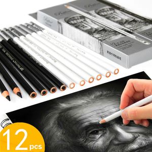 분수 펜 12pcs 흰색 숯 연필 Dibujo Profesional Black Charcoal Pen 스케치 그림 파라 Dibujar Papeleria 221130