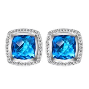 925 Sterling Silver Studs Earrings Jewelry 11mm Blue Topaz Agate With Diamonds Exquisite Earrings For Women