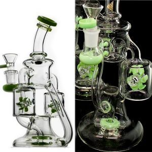 Bicchieri unici Bong Narghilè Double Recycler Bong Dab Rigs Green 14mm Water Pipes Heady Glass Bowl 9.4''