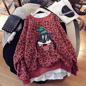 Women's Hoodies Sweatshirts Leopard print cartoon pullover round neck fleece thickened sweater women's warm printed lamb velvet Hong Kong style jacket 221129