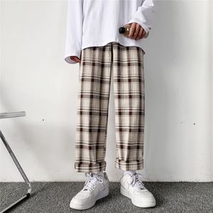 Men's Pants HOUZHOU Plaid Men Linens Korean Checked Trousers Male Streetwear Fashion Bottoms Summer Wide Leg Harajuku Breathable 221130