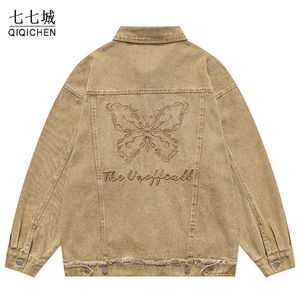 Herrjackor Autumn Denim Jacket Men retro Letter Butterfly Mönster Löst hiphop varsity cowboy kvinnor harajuku kappa par rosa 221129