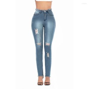 Kvinnors jeans mager hög midja jegings kvinnor sexig höft smal sträcka rippade mamma denim byxor femme byxor mujer pantalon hål