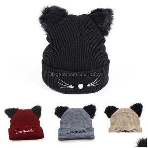 Beanie/Skull Caps Autumn Winter Womens Knitted Hat Cartoon Cat Ears Embroidery Knit Caps Lady Warm Hats Drop Delivery Fashion Access Dhwis
