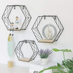 Novelty Items Nordic Style Iron Wall Shelf Decoration WallMounted Hexagonal Stand Storage Shelves Bedroom Bedside Pendant 221129