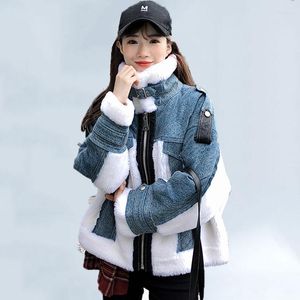 Women's Fur Cashmere Coat Winter Short Jacket Women 2022 Lamb Wool One Denim Stitching Motorcycle Thick Warm Overcoat