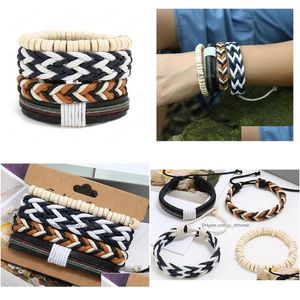 Charm armband mans mans cowe l￤der armband diy hand v￤vd mtilayer vit tr￤ p￤rla v￤v fl￤tor kombination kostym storlek justerad droppe dhhtf