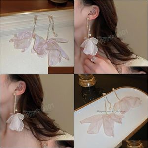 Dangle Chandelier Elegant Yarn Pink Flower Long Dangle Earrings For Women Girls Fashion Rhineston Tassel Pendientes Party Jewelry Dhpva