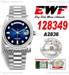 EWF DayDate 36mm 128349 A2836 Automatic Mens Watch Diamonds Bezel D-Blue Diamond Dial OysterSteel Bracelet Same Serial Card Super Edition Timezonewatch A1