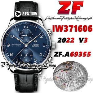 ZF V3 YL371606 A69355 Otomatik Kronograf Erkekler İzle Mavi Dial Gümüş Numara İşaretleri Çelik Siyah Deri Kayış Süper Edition Kusursuzluk Sonsuzluk Saatleri