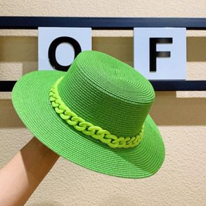 Berets Straw Hat Hat Macaron Color Sun Flat Top Fashion Chain with Acrylic Beach Candy