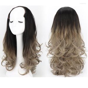 Synthetic Wigs QP Hair 22inch Long Wavy U Shaped For Women Black Brown Ombre 3/4 Half Piece Daily Use