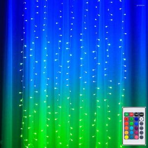 Strängar 3x2m 3x3m RGB fönstergardin Icicle Light Po Backdrop LED Fairy String Christmas Garland för bröllopsfestdekor
