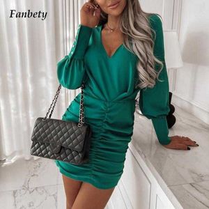 Party Dresses Sexy V Neck Lady Mini Dress Fashion Elegant Button Long Sleeve Office Dress Women 2022 Spring Folds Design Party Dress Vestidos T220930