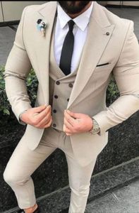 Brand New Beige Groom Tuxedos Peak Lapel Groomsmen Wedding Dress Excellent Man Jacket Blazer 3 Piece Suit