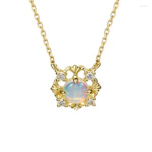 Kedjor Natural Opal 925 Sterling Silver Halsband för kvinnor Vintage Hollow Pattern Pendant Chain Bridal smycken Tillbehör