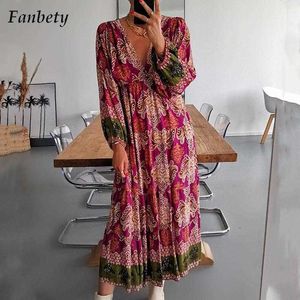 Party Dresses Women Fashion Pattern Printed Dress Autumn Office Casual Long Sleeve Pleated Dress Lady Vintage Loose High Waist Dresses Vestido T220930