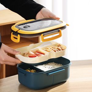 Bento Boxes Lunch 2 Layers Grids Student Office Worker Microwave Hermetic Outdoor Picnic Fruit Food Container with Fork Spoon 220930