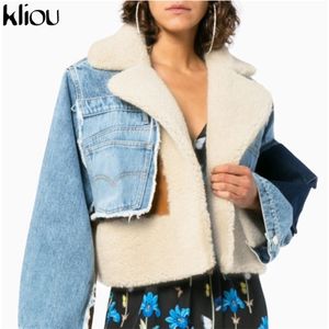 Kurtki damskie kliou patchwork dżinsowa kurtka Kobiety jesienne zimowe wełna wełna wełna ochrona zwykła praktyczna płaszcz Hipster Tops gifty ubranie 220930