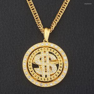Pendant Necklaces Karopel Rotatable Dollar Inlaid Zircon Round Necklace Men's Long Chain Fashion Jewelry Anniversary Gift