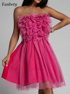 Parti Elbiseleri Kadın Moda Straplez Parti Elbisesi 2022 Yaz Yeni Seksi Sırtsız Dantel Mesh Elbise Bayanlar rahat kıvrımlar fırfır mini elbise vestido t220930