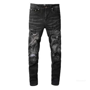 Denim Amirs Jeans Designer Calças Homem Queda 859 High Street Fashion Brand Amr Ligeiramente Elástico Faca Preta Corte Buraco Padrão Patch Fit Skinny