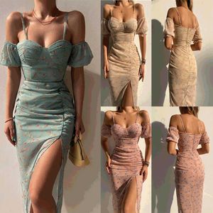 Partykleider Frauen Elegant Off Shouler Sexy Strap Slim Split Mantel Figurbetontes Kleid Frühling Sommer Blumendruck Mittelkalb Kleid T220930