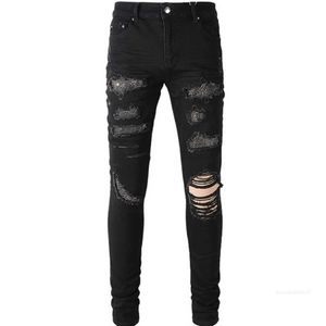 Denim amirs jeans designer pants man höst säsong trendig sliten tvätt svart het borr patch stretch slim amr ben 2r6w