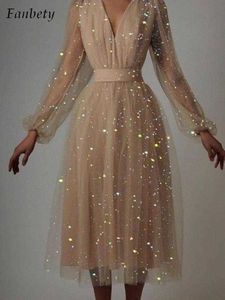 Sukienki imprezowe Kobiety Eleganckie długie rękawie Druszczowy sukienka imprezowa 2022 Summer Modna Patchwork Makwork Makser
