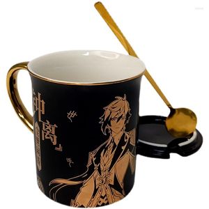 マグゼンシンインパクトZhongli Xiao Tartaglia Ceramic Mug Cup Coffee Water Gold Stamping Men Women Spoon Lid Fashion Gift
