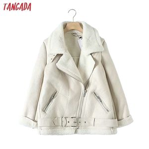 Womens Jackets Tangada Women beige fur faux leather jacket coat with belt turn down collar Ladies Winter Thick Warm Oversized Coat 5B01 220930