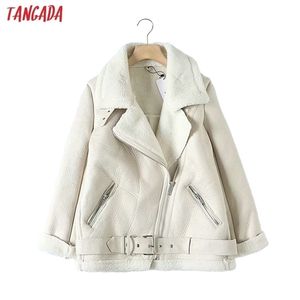 Damenjacken Tangada Damen beige Fell-Kunstlederjacke, Mantel mit Gürtel, Umlegekragen, Damen-Wintermantel, dick, warm, übergroß, 5B01 220930