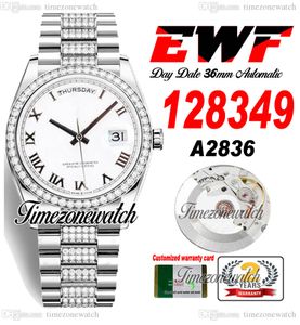 EWFデイデート36mm 128349 A2836自動メンズウォッチダイヤモンドケースホワイトローマダイヤモンドダイヤモンドオイスタースチールブレスレット同じシリアルカードスーパーエディションタイムゾーンウォッチB2