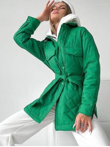 Women's Trench Coats Winter Jacket Single-breasted Lapel Long Green Loose Warm Plaid Top Casual Streetwear Quilted Female