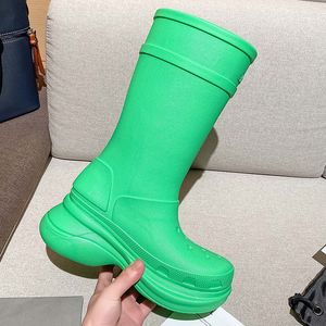 Women Designer Boots Paris Fashion Rubber Rainboots Knee High Booties Platform Big Round Toe Slip-on Woman Boot Brown Green Bright Pink