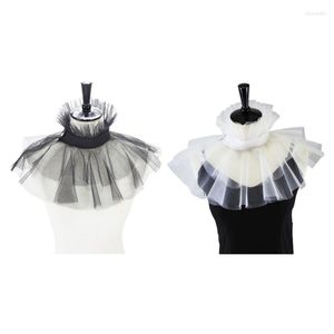 Bow Ties Women Victorian Mesh Ruffled Fake Stand Collar Layered Tulle Button Neck Ruff Clown Choker Shawl Wrap Cosplay Costume